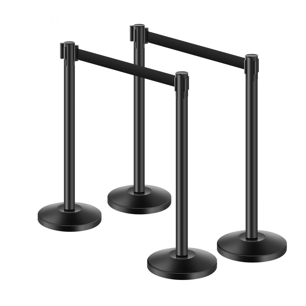 Crowd Control Barrier Posts (Pack of 4) with 4 Retractable Straps, Carbon Steel Barrier Posts with Hollow Base for Weddings, Exhibitions, Black