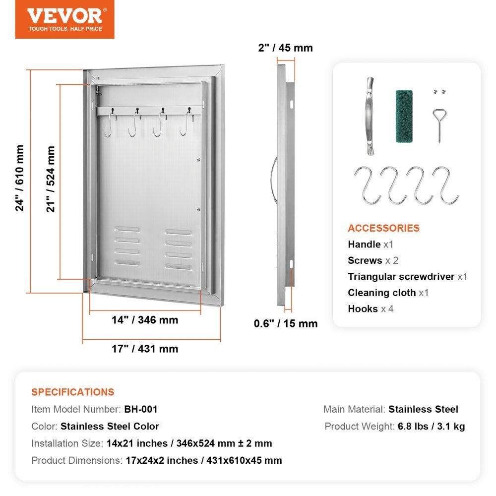 Grill Access Door 610x431mm Single Outdoor Kitchen Door Flush Mount Stainless Steel Door Vertical Wall Door with Handle, Vents and Hooks for Grill Island Grill Station
