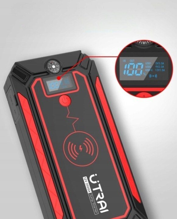 UTRAI Car Jump Starter 12V 2500A 24000mAh Car Battery Power Bank Up to 8L Petrol 7L Diesel Starter with QC3.0 Dual USB LED Flashlight Emergency Hammer