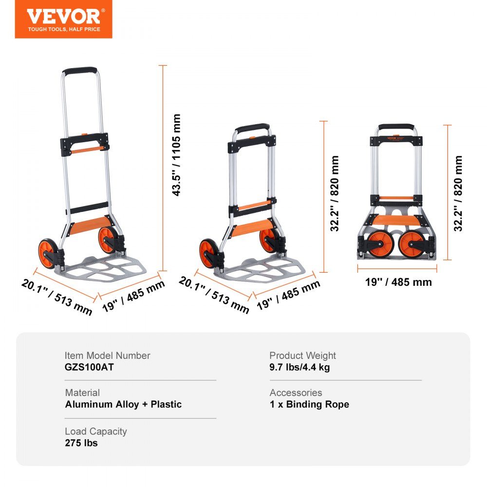 Folding Sack Truck 125kg Aluminum Alloy Plastic Transport Trolley Stacking Trolley with Adjustable Handle 820-1105mm Foldable Trolley with Tension Rope Included Compact Size for Storage