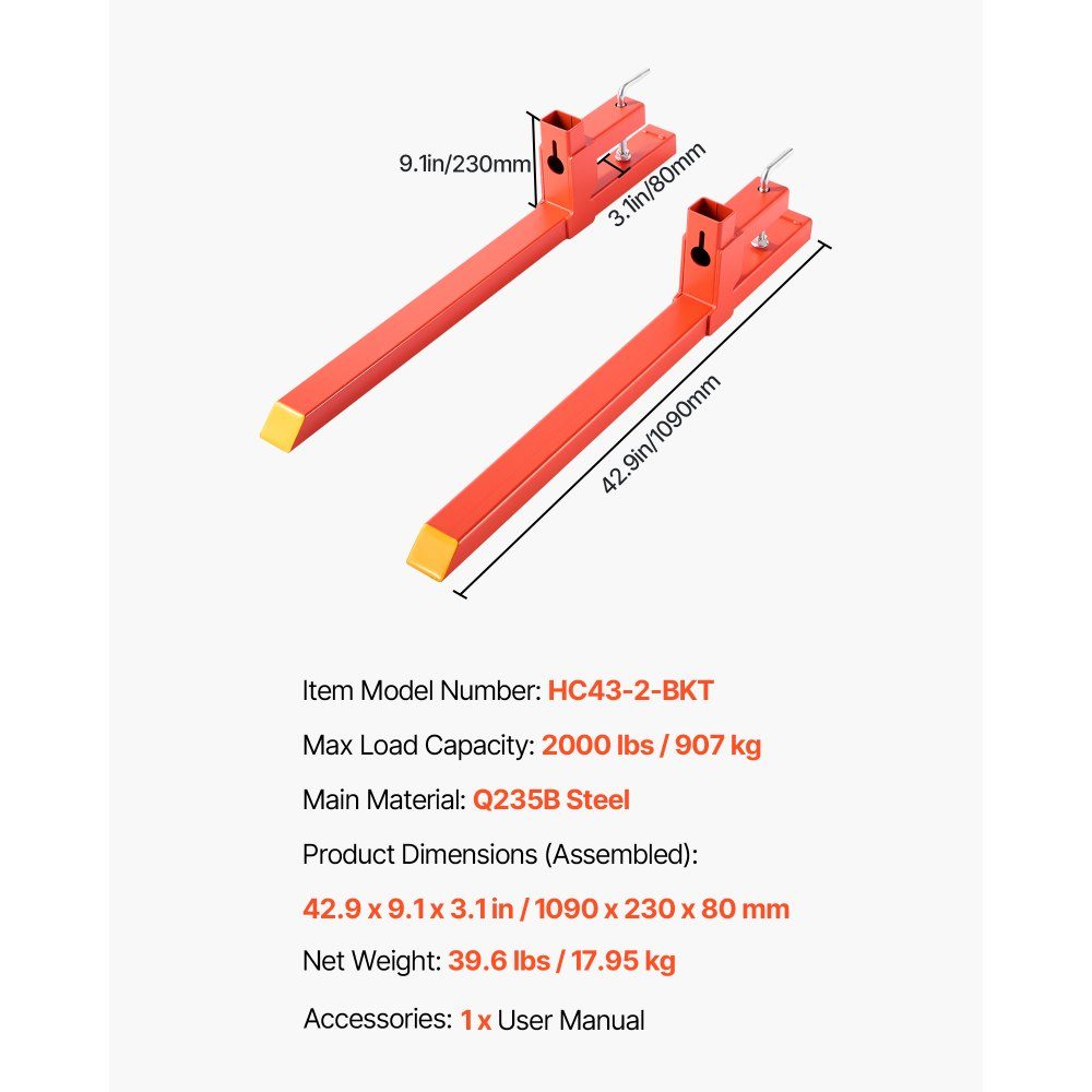 Pallet Forks, 907kg Clamp Fork Carrier, 1090mm Overall Length, Quick Attach Forks, Compatible with Tractor Attachments, Loader Bucket and Skid Steer Loader, Orange