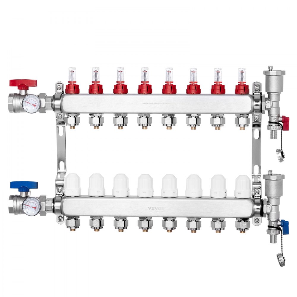 Warmteverdelingsverdeelstuk met 8 aftakkingen, 1/2" PEX-buisverdeelstuk, roestvrijstalen PEX-verdeelstuk voor hydronische vloerverwarming, PEX-verdeelstukset voor warmtedistributie met 1/2" adapters inbegrepen