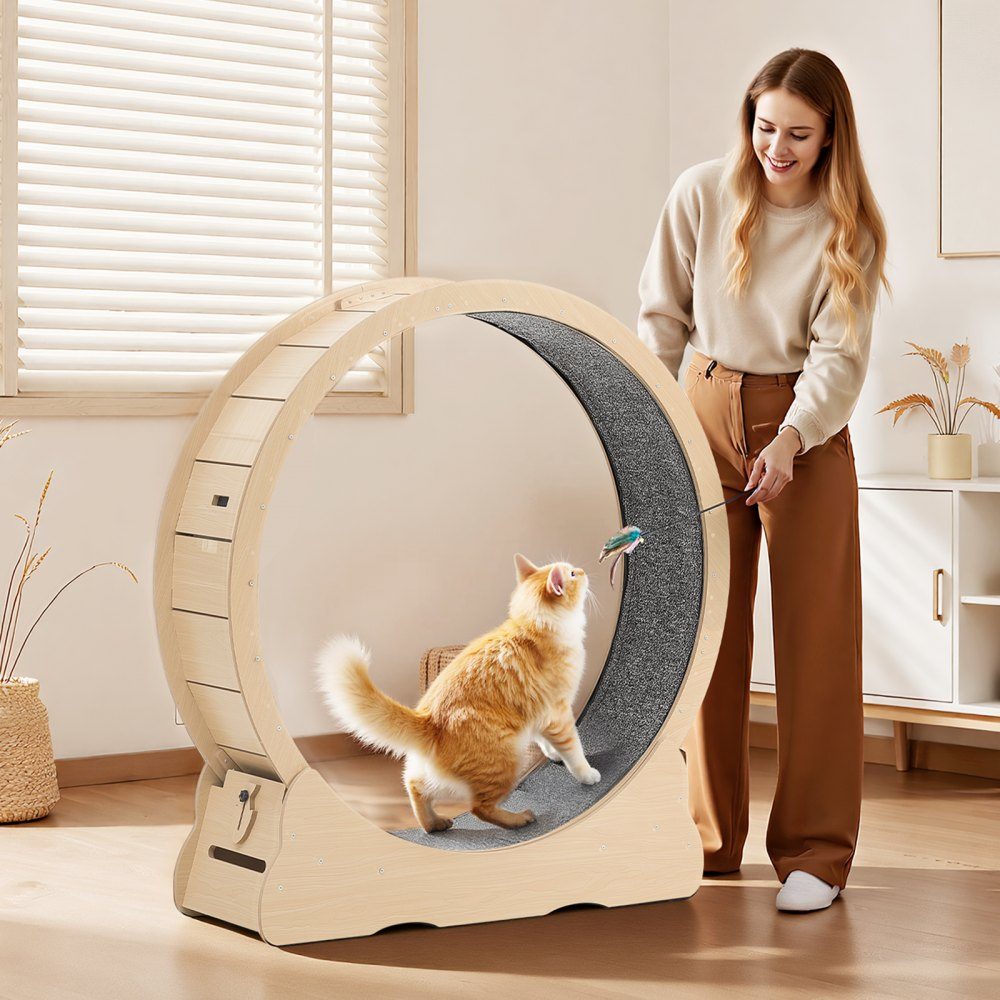 Katzenlaufrad, 1080 mm Innendurchmesser, Holzlaufrad für 8,6–12,7 kg schwere Katzen, mit Teppichlauffläche und Verriegelungsmechanismus, leises Spielzeug für Hauskatzen