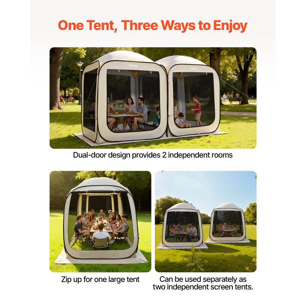 Tente de camping 144" x 72" 2 en 1 Tente de fête portable avec sac de transport, parois latérales en maille et piquets de sol pour jardin, terrasse et activités de plein air, Beige