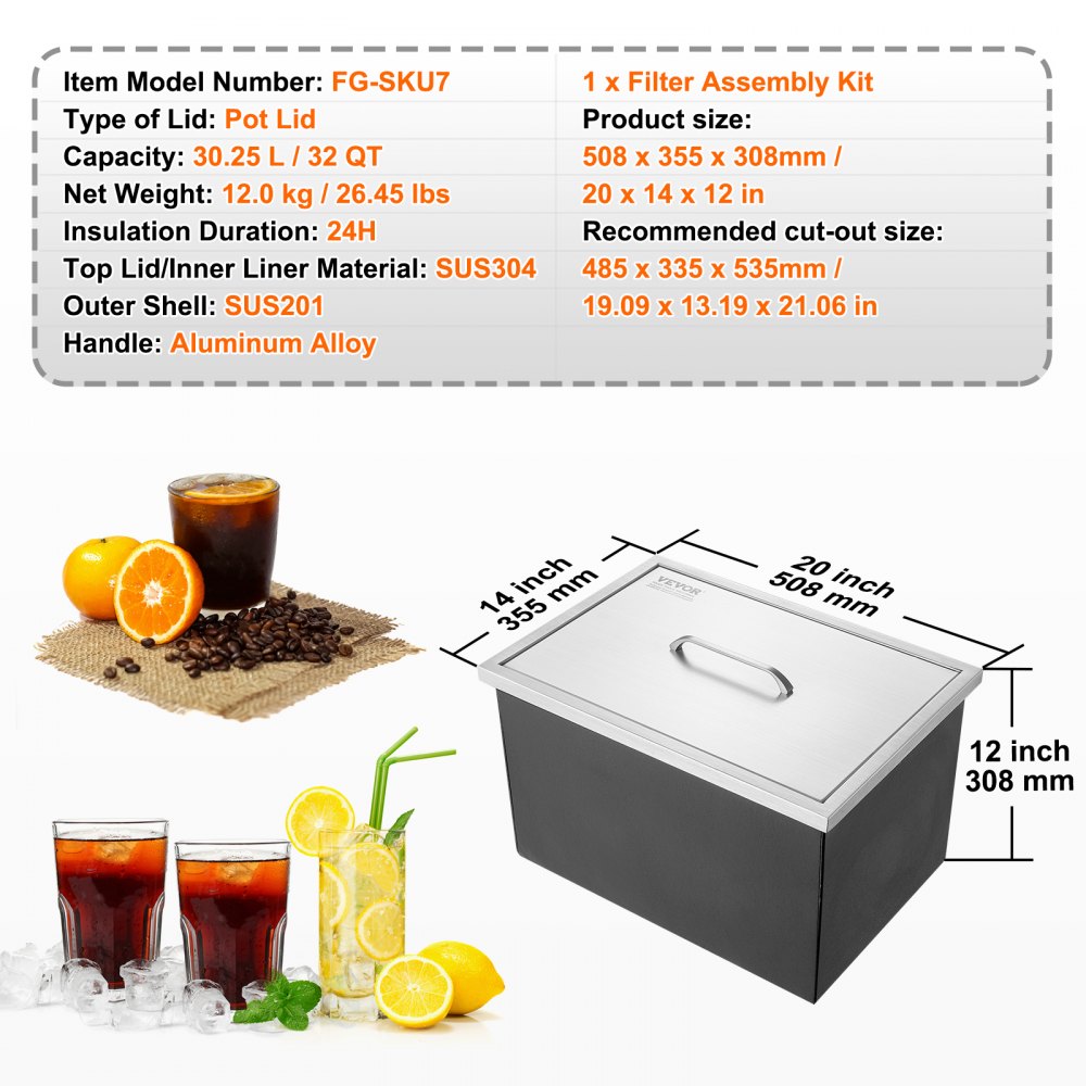 Drop-in-Eisbox, 30,25 l Edelstahl-Eiskühler, 508 x 355 x 308 mm großer kommerzieller Eisbehälter mit Abdeckung, integrierter Eisaufbewahrungsbox, Abflussrohr und Abflussstopfen im Lieferumfang enthalten Drop-in-Eisbox, 30,25 l Edelstahl-Eiskühler, 508 x 355 x 308 mm großer kommerzieller Eisbehälter mit Abdeckung, integrierter Eisaufbewahrungsbox, Abflussrohr und Abflussstopfen im Lieferumfang enthalten