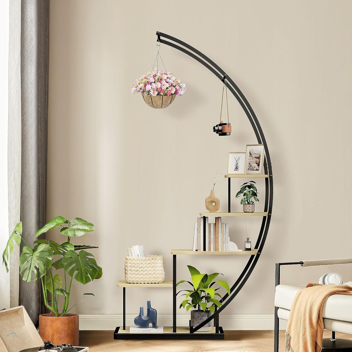 Ribelli 5 Tier Metal Crescent Plant Stand, Brown
