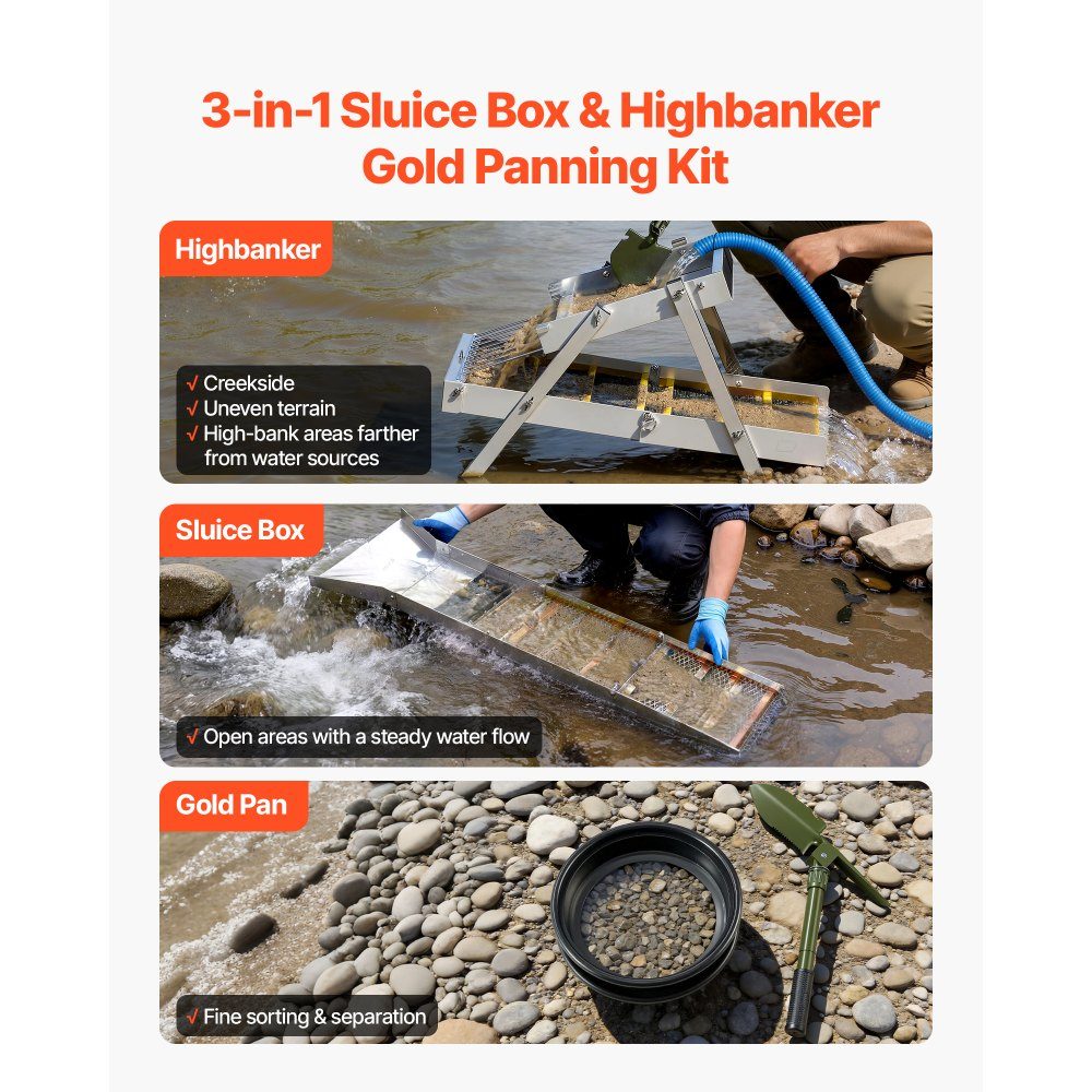 Highbanker Gold Panning Set 50" 3 in 1 Foldable Aluminum Alloy Gold Panning Trough 26 Pieces Portable Sharpening Set with Gold Pans Classifying Screen Magnet Backpack Accessories