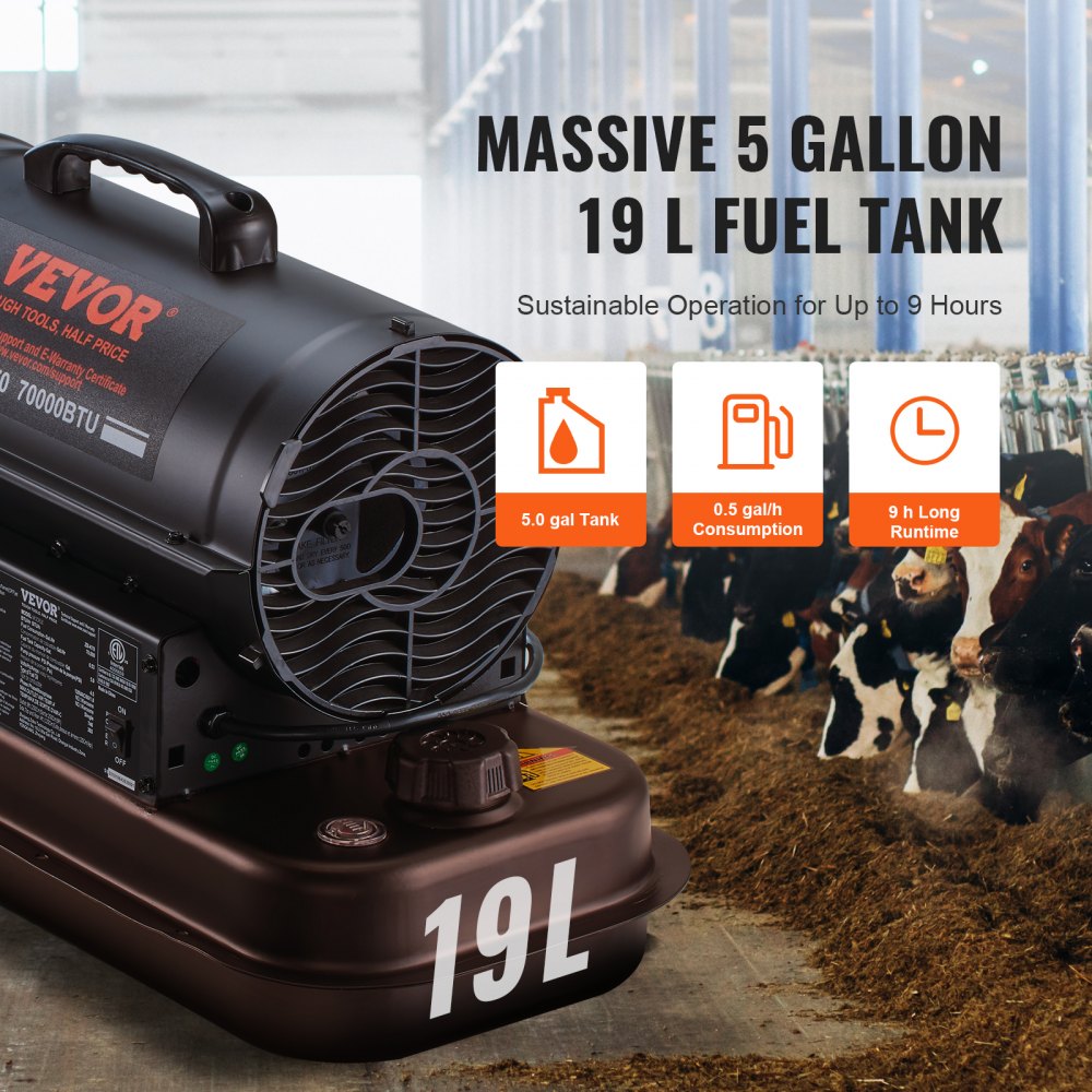 Kerosine/Diesel Heteluchtverwarmer, 70000 BTU Torpedo Ruimteverwarmer, Draagbaar met Thermostaatregeling, 19L Tank, Efficiënte Binnen Buiten Kerosine Verwarming voor Thuis, Bouwplaats, Industrieel, Werkplaatsen, Zwart