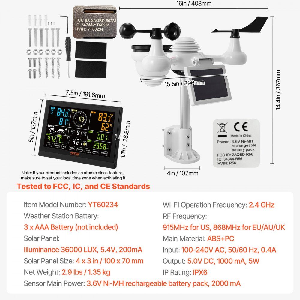 Professioneel WiFi-weerstation, 7-in-1 weercentrum op zonne-energie, 190,5 mm (7,5 inch) display, 150 m zendbereik, buitensensor voor windsnelheid, windrichting, temperatuur, vochtigheid, neerslag