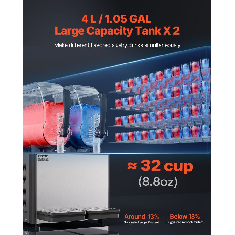Commercial Slush Machine, 4L x 2 Double Tank Slush Ice Machine, Slushy Machine for Frozen Drinks, 32 Cup Margarita Smoothie Machine for Home, Party, Restaurant, Cafe, Bar