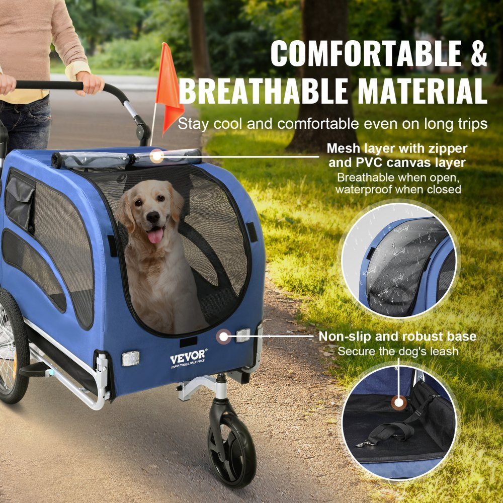 Hundeanhänger 45 kg 2-in-1 Fahrradanhänger Kohlenstoffstahl + 600D Oxford-Gewebe + PP faltbar 1440 x 725 x 845 mm als Anhänger 1320 x 725 x 920 mm als Kinderwagen Hundebuggy Jogger Anhänger Blau