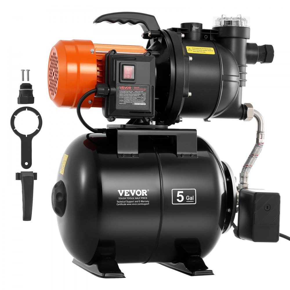 Hauswasserwerk 735 W, 3785 L/h Strahlpumpe mit 19 L Druckbehälter, 39 m Förderhöhe, inklusive Filter, Rückschlagventil & Kunststoff-Pumpenkopf, zur automatischen Gartenbewässerung & Hauswasserversorgung