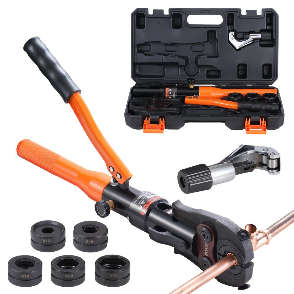 Hydraulic pipe crimping tool for copper pipe connections, pressing pliers with V12, V15, V18, V22, V28 quick-change jaws, 360° rotating press set for T-connections in tight spaces, hydraulically powered