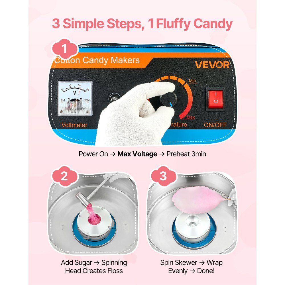 Cotton Candy Machine, 1000W Electric Cotton Candy Machine with 38cm Stainless Steel Bowl and Candy Spoon, Makes Cotton Candy for Home Birthdays, Family Reunions, Blue, 3500RPM