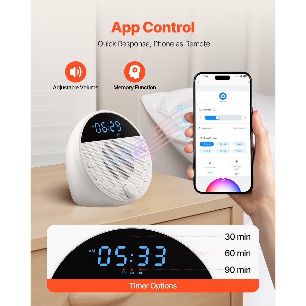 Sleep Aid, White Noise Device, 18 Music Tracks, 7 Color Night Light, 6-in-1 White Noise Sound Device with Dual Alarms, APP, Auto Off Timer and Memory Function