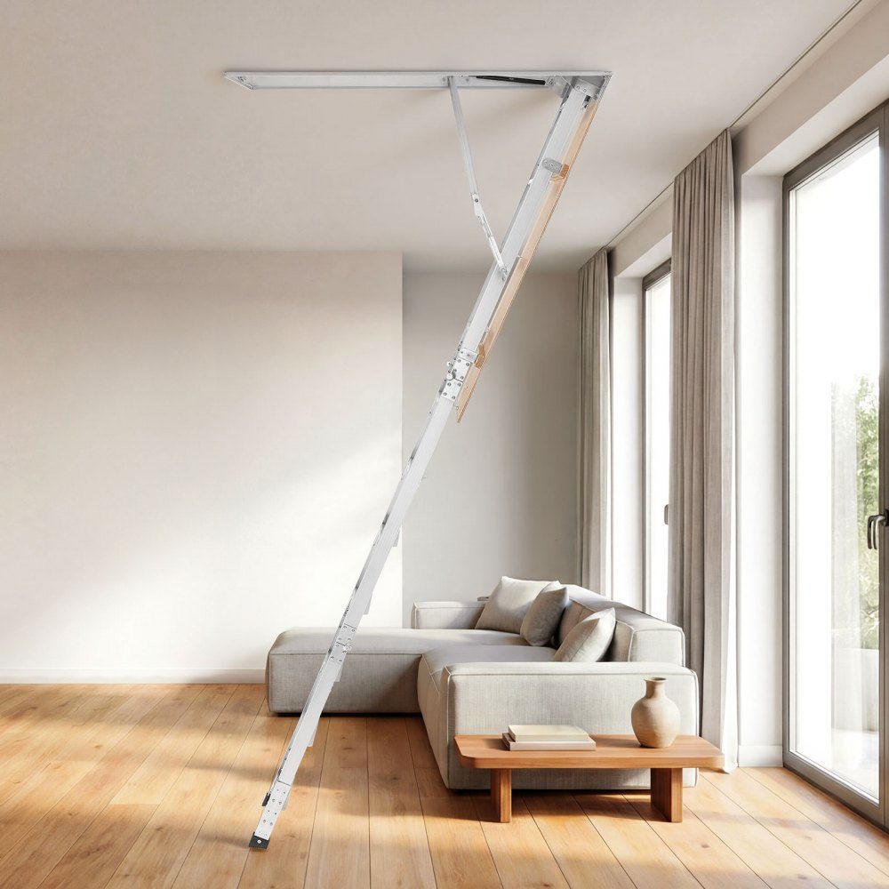 Folding Attic Stairs, 170kg Heavy Duty Aluminum and Wood Attic Ladder, Hydraulic Attic Stairs with Pull Rope for Ceiling Heights 300-313cm, Metal Ladder with 137cm x 57cm Access Opening, Silver