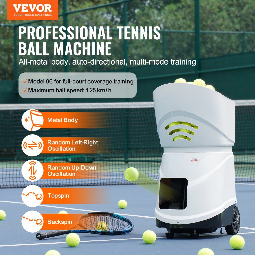 Tennisbalmachine, automatische draagbare tennisballenwerper, oefenwerper voor 150 ballen, tennistraining, 5 motoren, oefeningen in meerdere modi, meer dan 2 uur speeltijd, oplaadbare batterij, app-afstandsbediening
