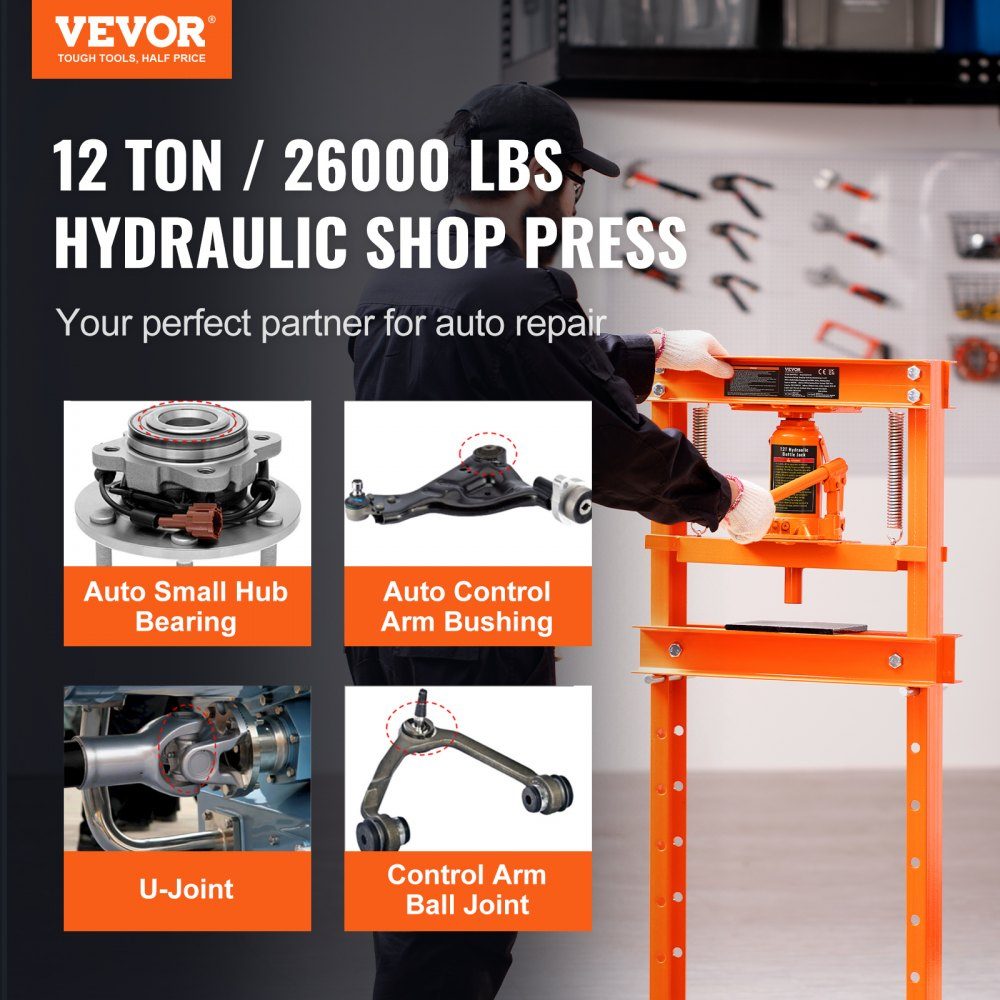 Workshop Press Hydraulic Press 12T Car Frame Press Orange 40-705mm Manual Bearing Press Carbon Steel Workshop Press for Car Bushings, Ball Joints, U-Joints etc