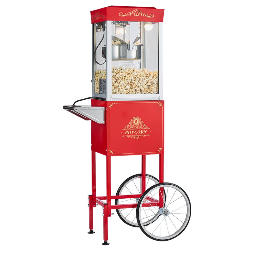 Popcornmachine Popcornmachine met waterkoker en kar, 800 W commerciële popcornmaker, 48 kopjes per lading, met 2-knopsbediening, glazen wand, pc-deur, 1 schep, 3 lepels, rood Popcornmachine Popcornmachine met waterkoker en kar, 800 W commerciële popcornmaker, 48 kopjes per lading, met 2-knopsbediening, glazen wand, pc-deur, 1 schep, 3 lepels, rood