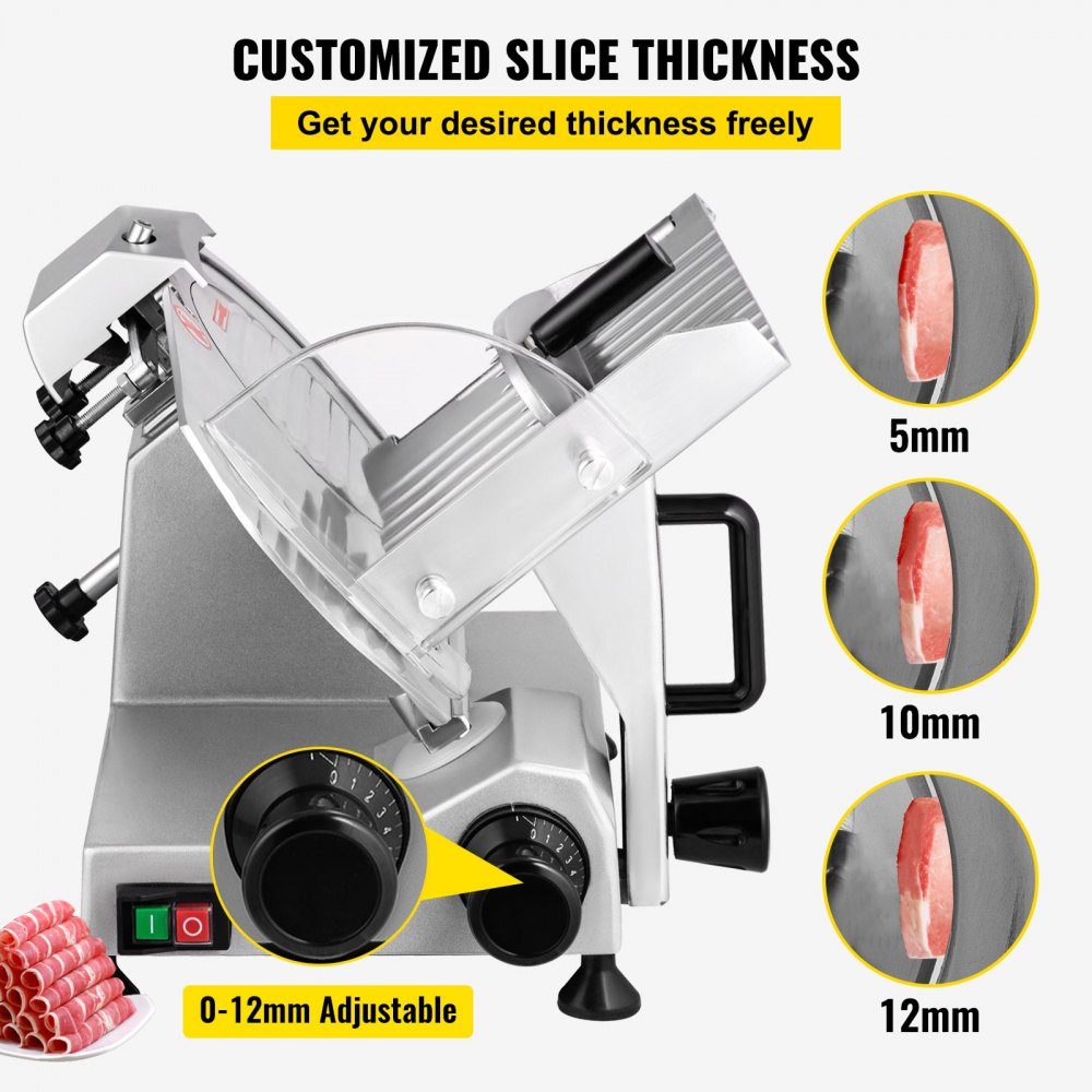Kommerzieller Fleischschneider, 200 W, elektrischer Allesschneider, Lebensmittelschneider mit 20,3 cm langer Klinge aus Kohlenstoffstahl, 0–12 mm einstellbare Dicke für Fleisch, Käse usw