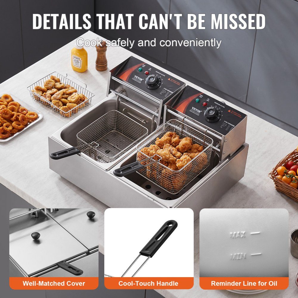 Commercial Electric Deep Fryer, 2x6L Large Electric Countertop with Removable Double Basket, 5000W Stainless Steel Double Fryer for Kitchen Restaurant