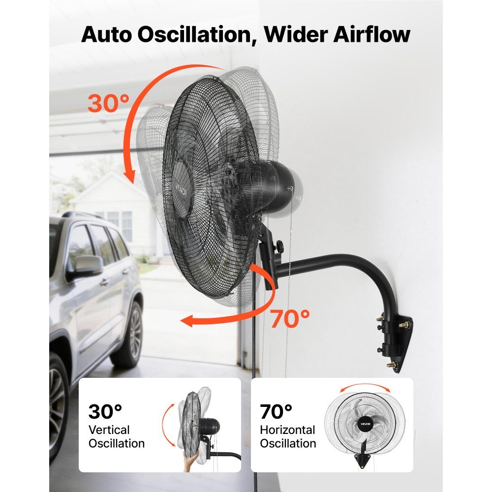 59W Industrial Wall Fan 20" 6.5m/s Oscillating Wall Fan with 3 Levels and Adjustable Tilt Angle Commercial Industrial Fan for Workshop Garage Warehouse Gym Black