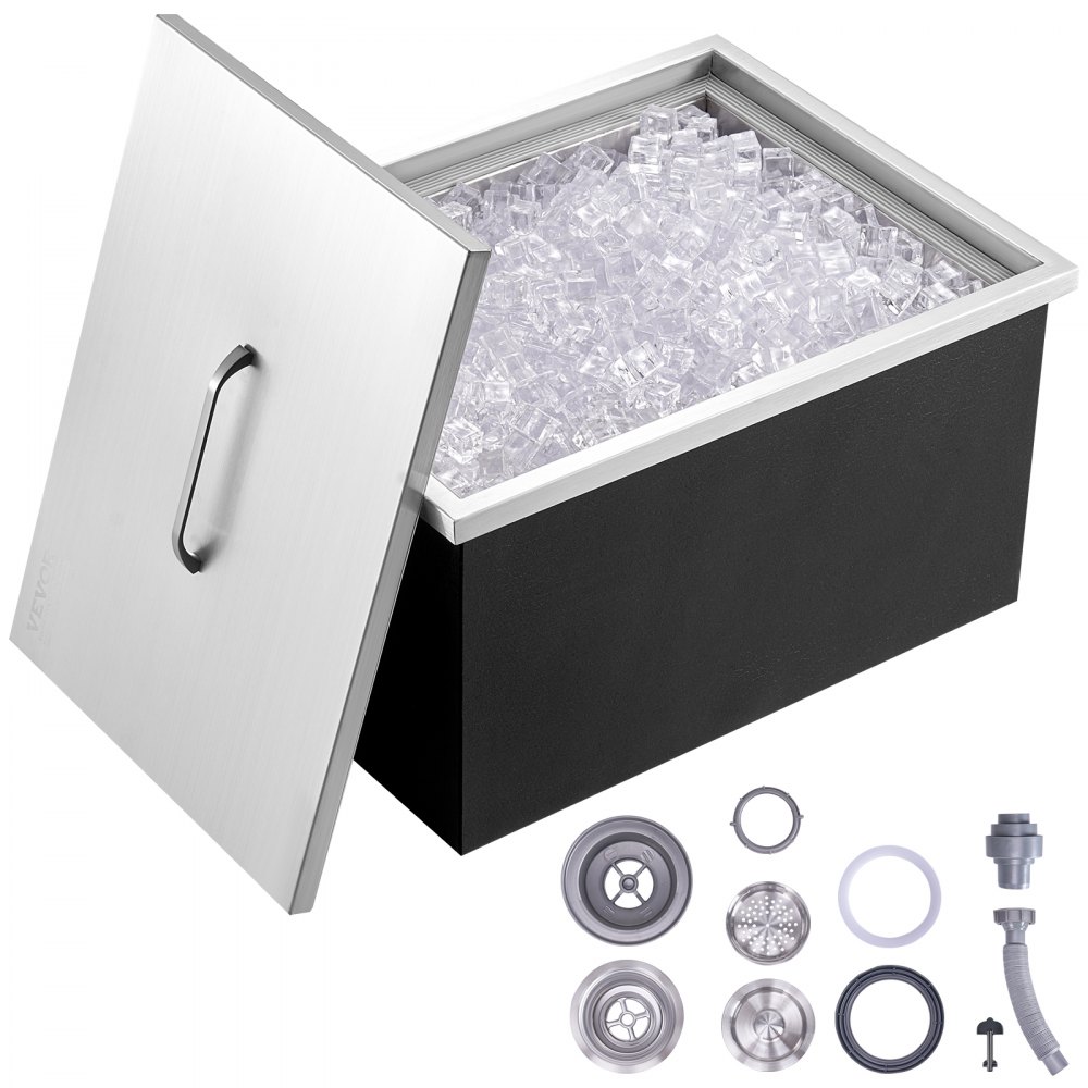 Drop-in-Eisbox, 30,25 l Edelstahl-Eiskühler, 508 x 355 x 308 mm großer kommerzieller Eisbehälter mit Abdeckung, integrierter Eisaufbewahrungsbox, Abflussrohr und Abflussstopfen im Lieferumfang enthalten Drop-in-Eisbox, 30,25 l Edelstahl-Eiskühler, 508 x 355 x 308 mm großer kommerzieller Eisbehälter mit Abdeckung, integrierter Eisaufbewahrungsbox, Abflussrohr und Abflussstopfen im Lieferumfang enthalten