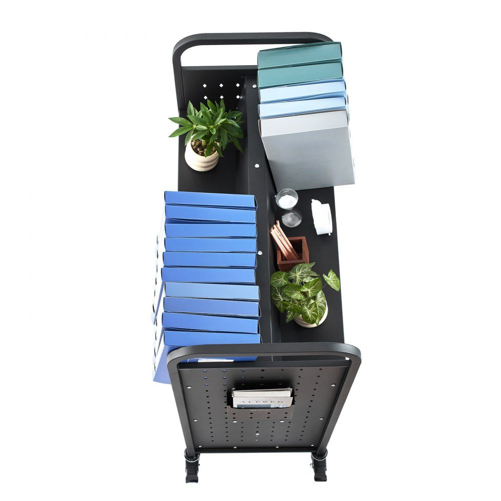 Bücherwagen, 159 kg Tragkraft, Bibliothekswagen, 970 x 515 x 1225 mm, doppelseitiges W-förmiges Bücherregal mit Doppelbremsrädern, Aufbewahrungswagen für Wohnzimmer, Büro, Schule, Schwarz