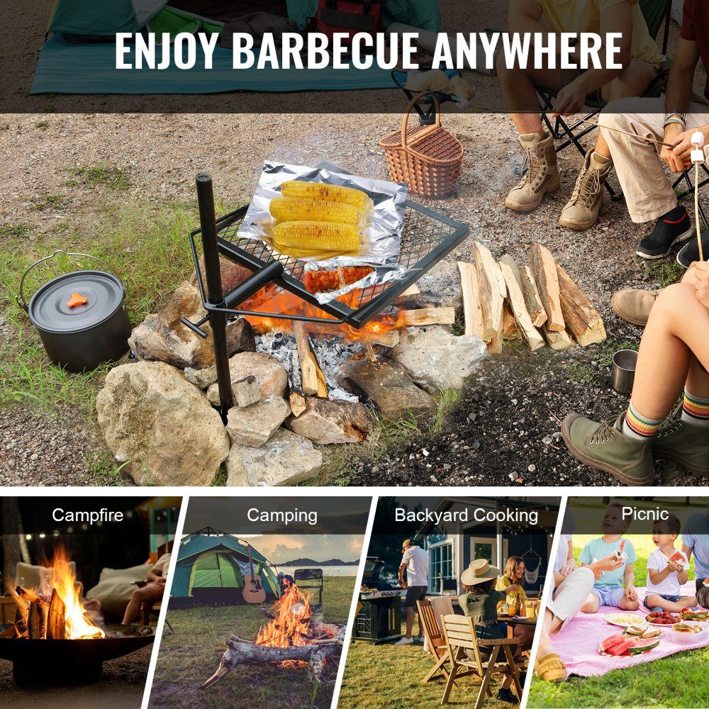 Rôtissoire en acier gril pivotant 405x405mm gril à charbon de bois support de gril portable support de gril 6 kg capacité de charge 300 ℃ gril à rôtir autoportant barbecue grill chariot barbecue camping