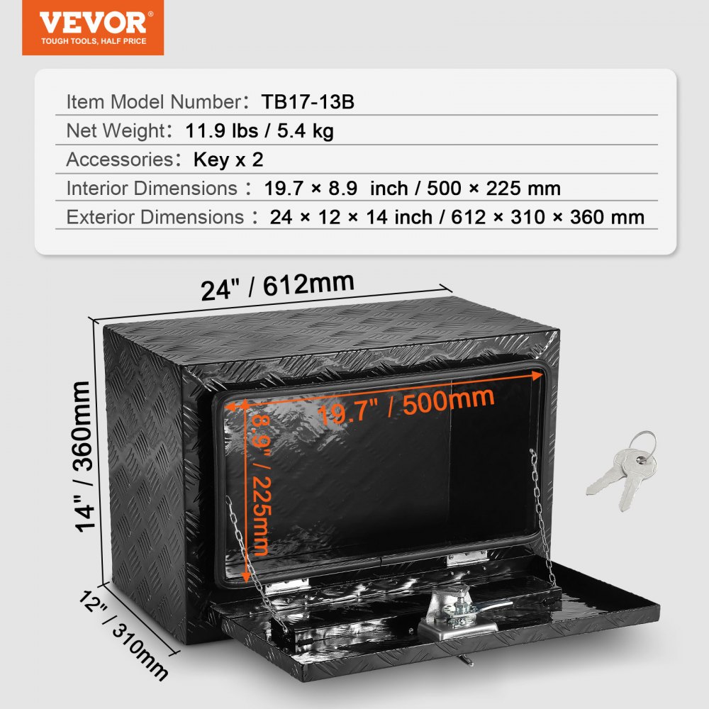 Truckbox gereedschapskist, aanhangwagenbox aan de onderkant, gereedschapskist 612x310x360mm pick-up opbergdoos, aluminiumlegering, 30kg zware gereedschapskist, afsluitbare opbergdoos