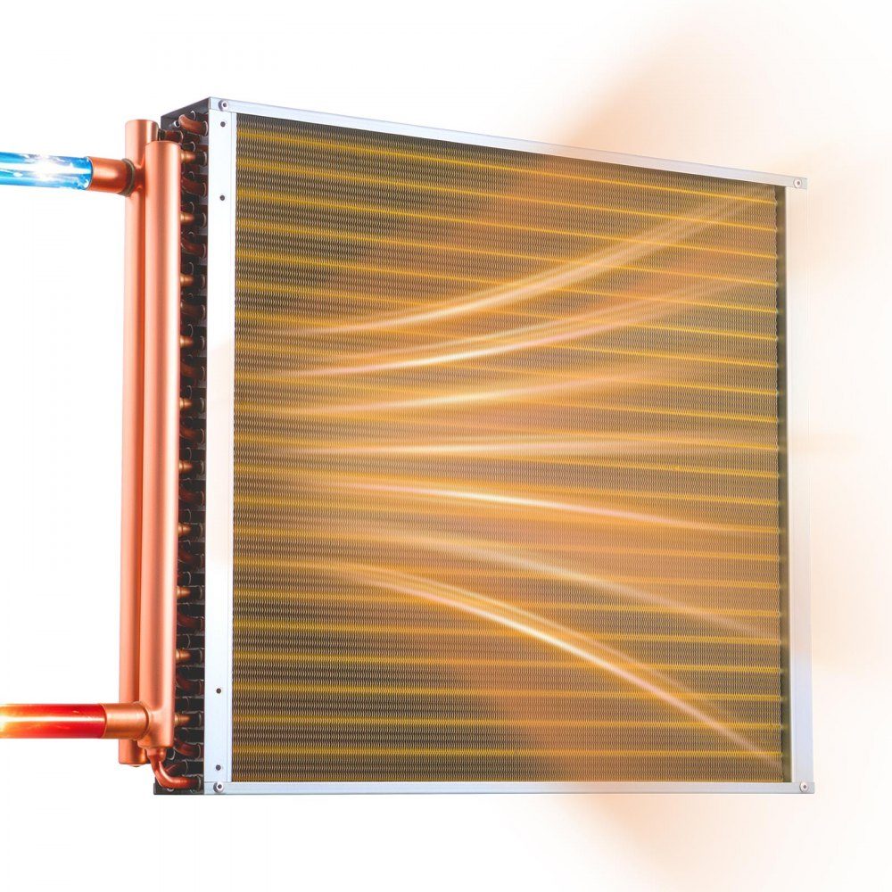 Échangeur de chaleur à ailettes 559x559mm, échangeur de chaleur 55,7kW avec connexions en cuivre et ailettes en aluminium, échangeur de chaleur eau-air avec pression de service de 2,5 MPa, échangeur de chaleur pour chauffer et refroidir l'intérieur