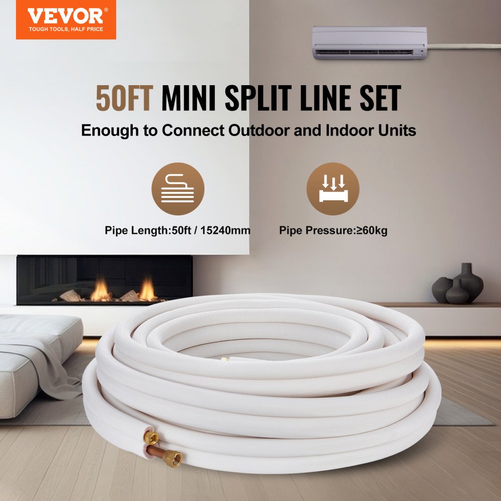 15240 mm Mini-Split-Leitungssatz, Kupferrohre mit 9,53 mm und 15,875 mm Außendurchmesser und dreischichtige Isolierung für Mini-Split-Klimaanlagen, Kältemittel- oder Wärmepumpengeräte und HVAC mit Wickelstreifen 15240 mm Mini-Split-Leitungssatz, Kupferrohre mit 9,53 mm und 15,875 mm Außendurchmesser und dreischichtige Isolierung für Mini-Split-Klimaanlagen, Kältemittel- oder Wärmepumpengeräte und HVAC mit Wickelstreifen