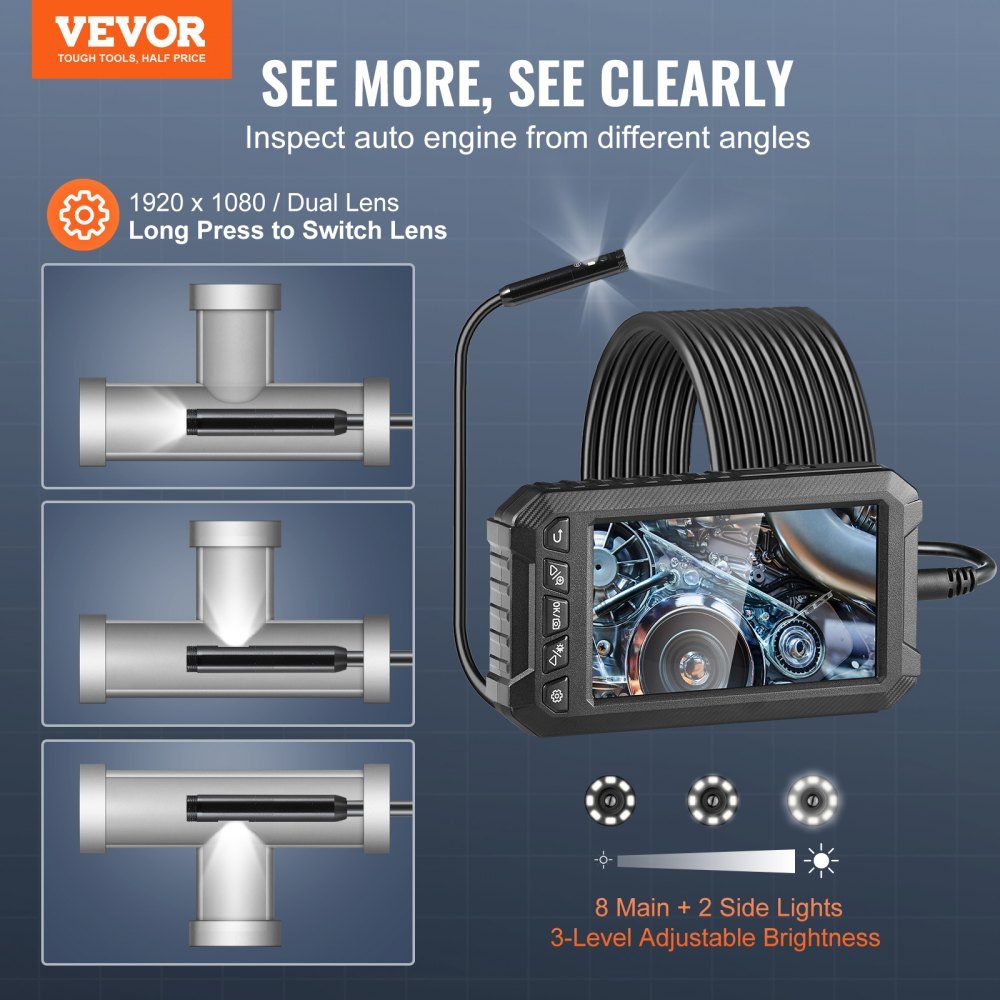 Endoskopkamera mit Licht, Industrie-Endoskop mit Dreifachobjektiv, 5-Zoll-Bildschirm, 1080P-Inspektionskamera, 8+2 Lichter, IP67 wasserdichte Schlangenkamera für Autos, Sanitär (5 m Kabel, 32 GB Karte)