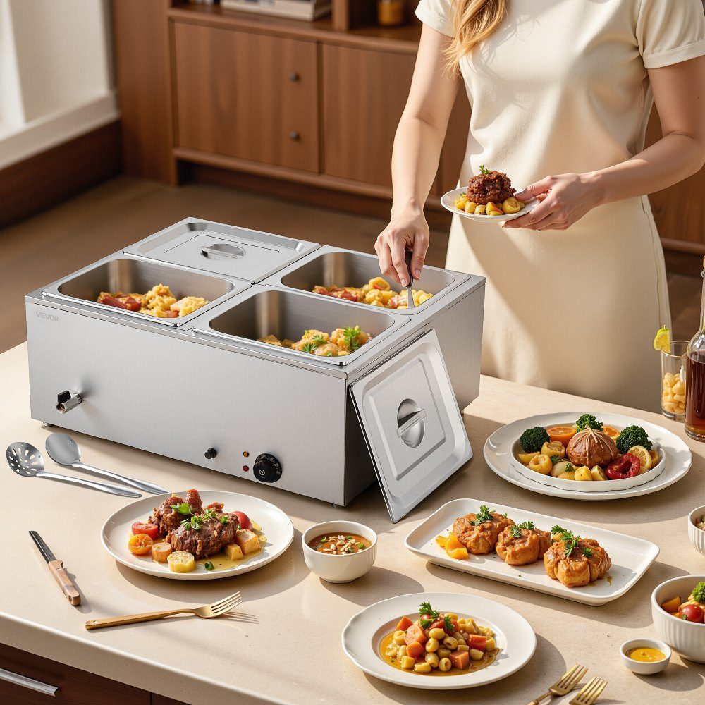 Réchauffeur de nourriture commercial (4 récipients de taille 1/2), récipient chauffant électrique en acier inoxydable de 1,5 kW avec couvercle et louche à soupe, réchauds pour restauration, restaurant, fête