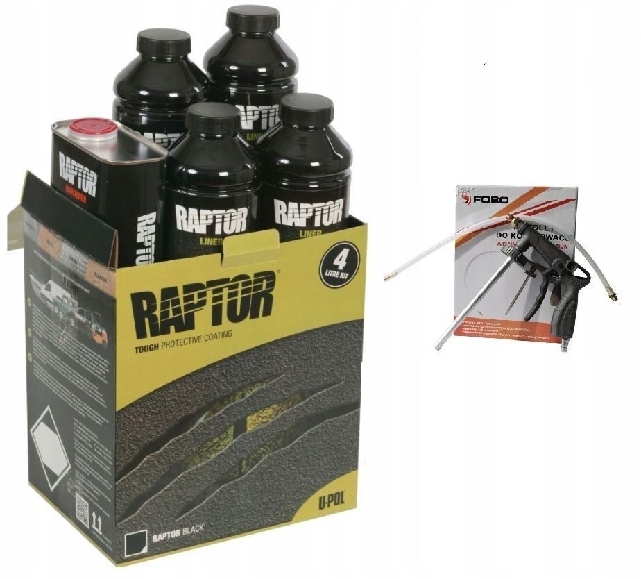 4x Original RAPTOR Lack UPOL je 950ml / 3,8l + Härter & Spritzpistole Starterset RLT/S4