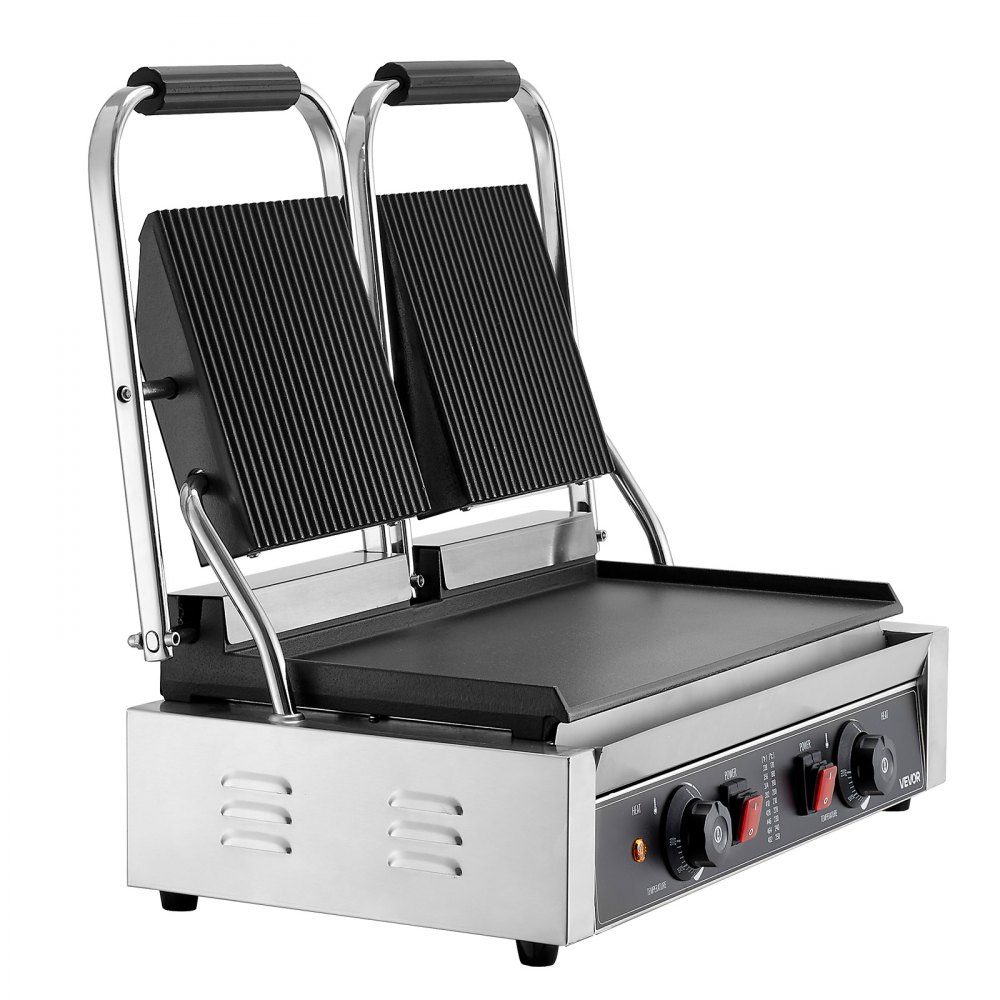 Commercial Panini Grill, Contact Grill 3600 W, for Sandwiches, Steak, Bacon, Hamburgers, Sandwich Maker, Stainless Steel Press Grill with Handle & Temperature Controller & 48 x 23 cm Heating Plate, Panini Press