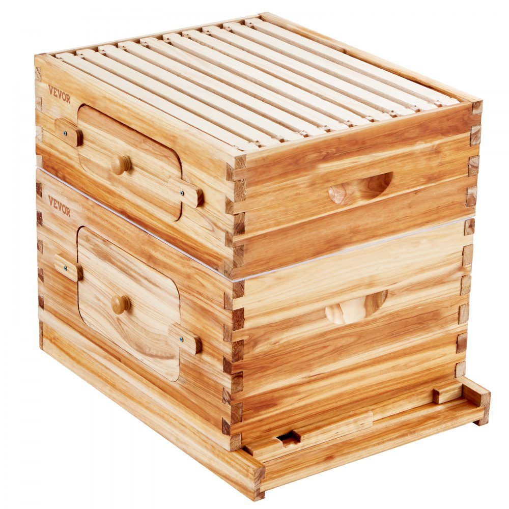 Beehive, 20 Frames, Zander Beehive, Beeswax Coated Fir Wood, 1 Deep + 1 Medium Bee Box, Langstroth Beehive Set, Clear Acrylic Windows with Foundations