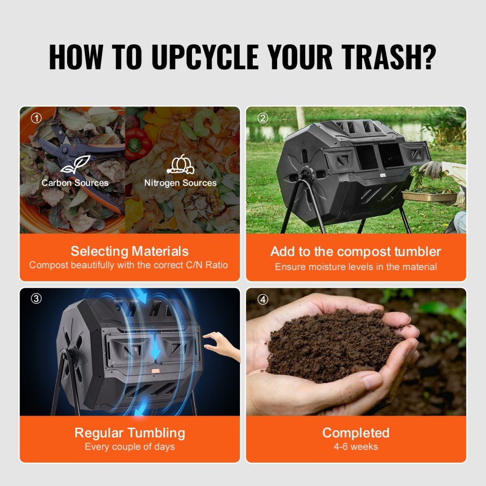Trommelcomposter, composttrommel 162,7 L, trommelcomposter roterende dubbelkamer-trommelcomposter 735 x 625 x 955 mm, 50 kg zware tuincomposter incl. handschoenen