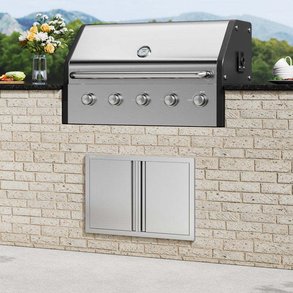 Porte d'accès au gril 710x482mm Double porte de cuisine extérieure encastrée en acier inoxydable, porte murale verticale avec poignées rétractables pour Grill Island Grill Station armoire extérieure