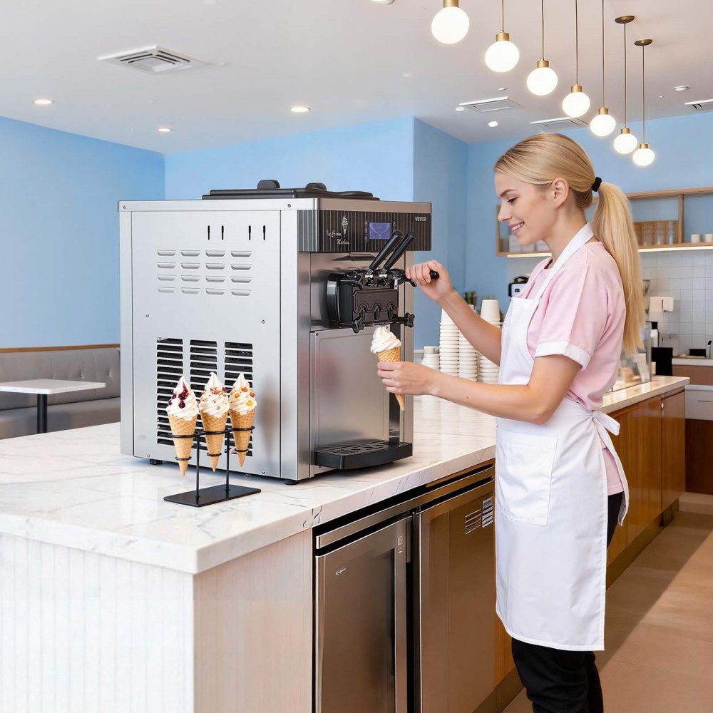 Commercial ice cream machine 20-28 L/h output, soft ice cream machine 2200 W with 2 x containers (6 L), pre-cooling, self-cleaning and LED display, table device for snack bars, dessert shops and cafes, silver