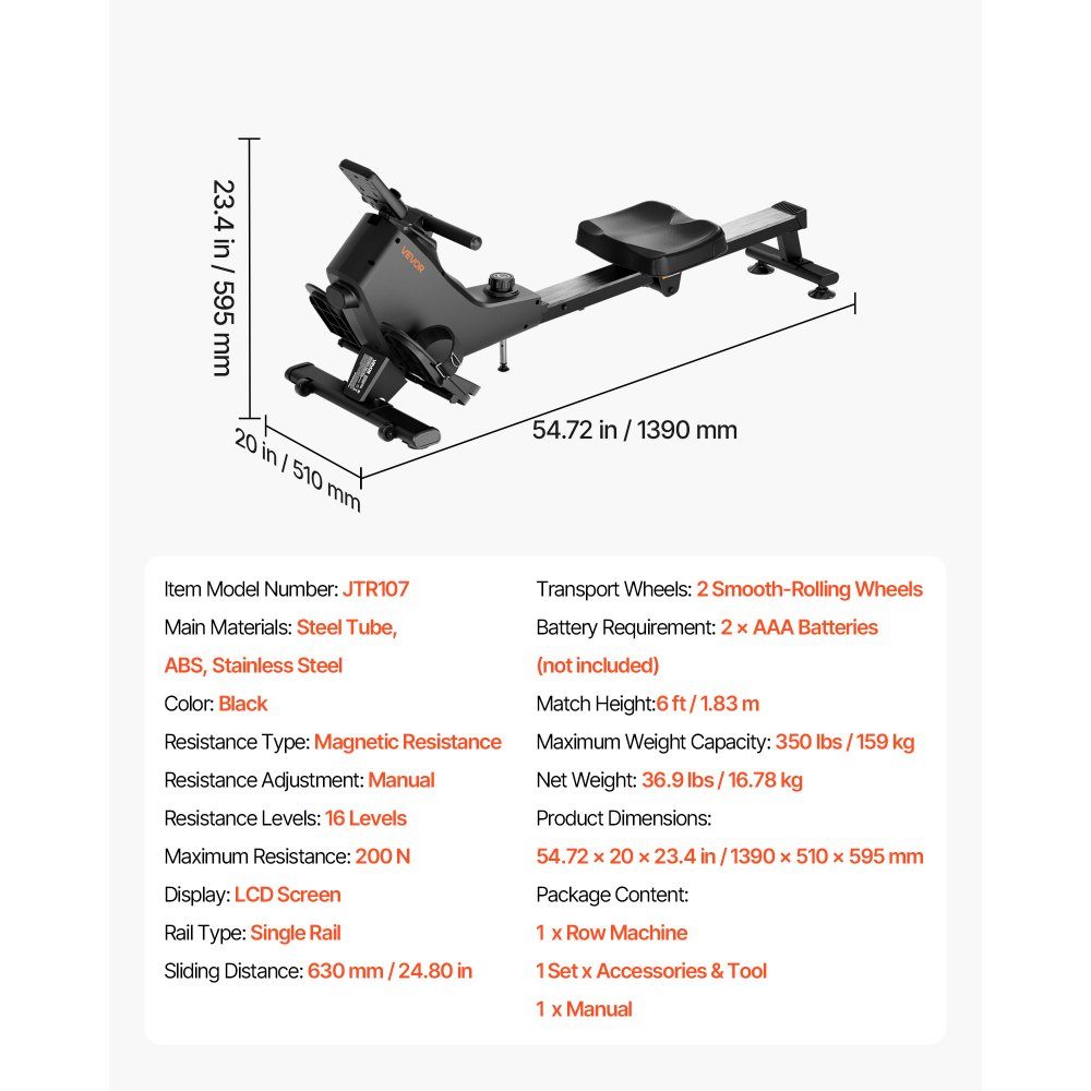 Quiet Magnetic Rowing Machine with 16 Resistance Levels, Foldable Home Rowing Machine with Smooth Pulley Design and LCD Monitor, Bluetooth App Compatible, 158kg Load Capacity