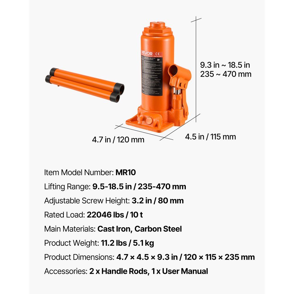Cric bouteille hydraulique d'une capacité de 10 T, plage de levage de 235 à 470 mm, cric bouteille avec système de soudage pour la réparation de voitures SUV, pick-up, cric orange haute performance