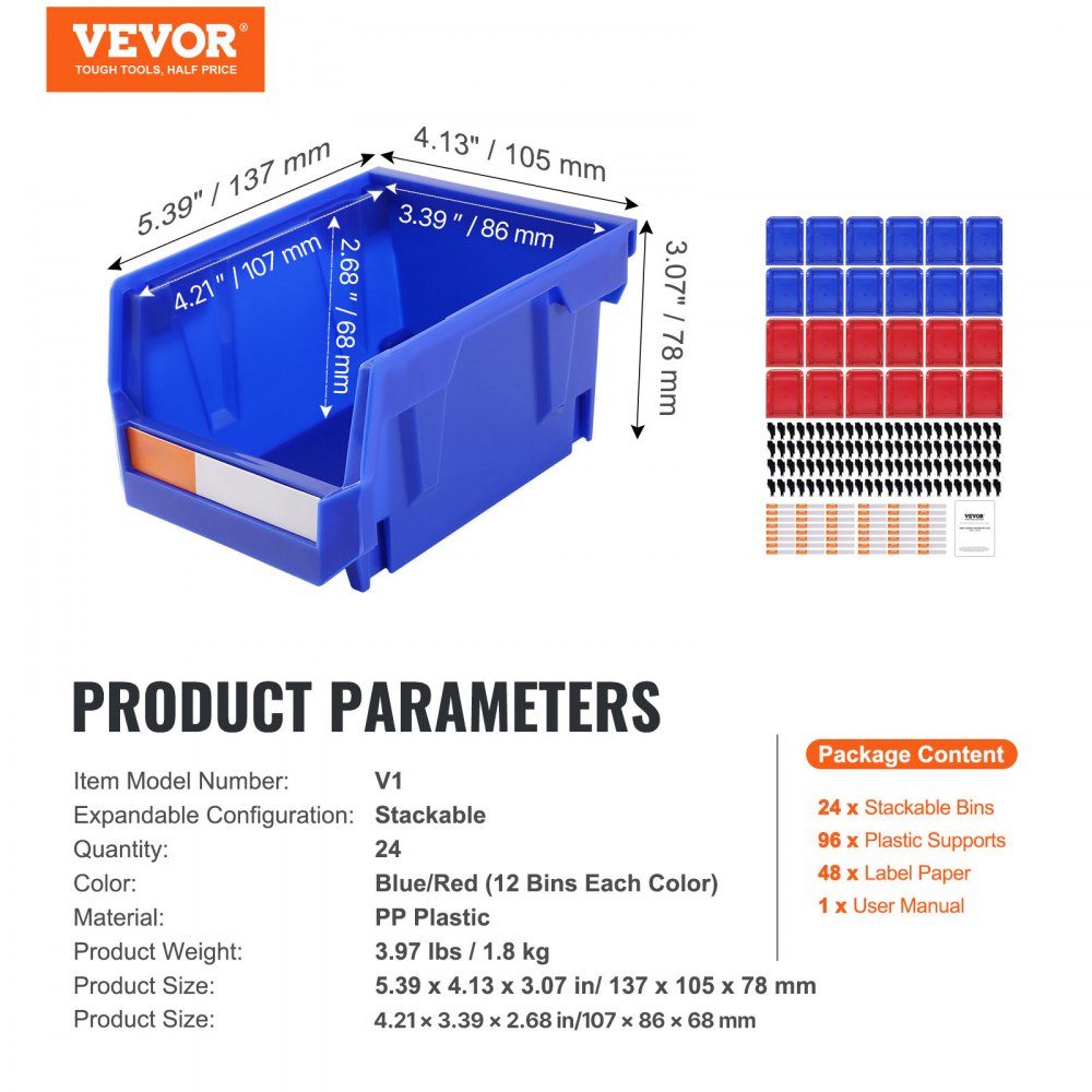 Plastic Storage Containers (5" x 4" x 3") Hanging Stackable Storage Containers Blue/Red Pack of 24 Heavy Duty Stacking Containers for Organizing Closets, Kitchens, Offices or Pantries