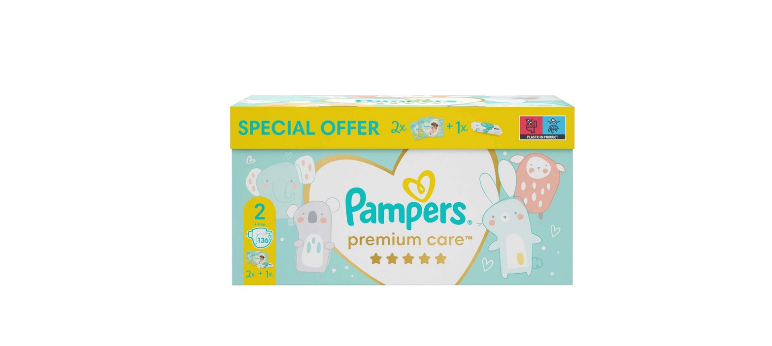 Pampers Premium Care 2 Maxi 4-8 kg 136 couches + lingettes humides