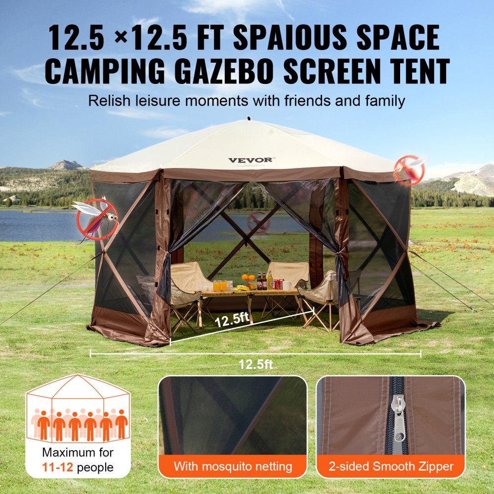 Pop-up tuinhuisje, pop-up tent met 6 zijluifels, zonnescherm met 6 verwijderbare privacywinddoeken en gaasramen, 12,5 x 12,5 voet, snel op te zetten tent met klamboe, bruin
