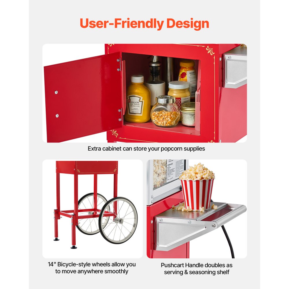 Popcornmachine Popcornmachine met waterkoker en kar, 800 W commerciële popcornmaker, 48 kopjes per lading, met 2-knopsbediening, glazen wand, pc-deur, 1 schep, 3 lepels, rood Popcornmachine Popcornmachine met waterkoker en kar, 800 W commerciële popcornmaker, 48 kopjes per lading, met 2-knopsbediening, glazen wand, pc-deur, 1 schep, 3 lepels, rood