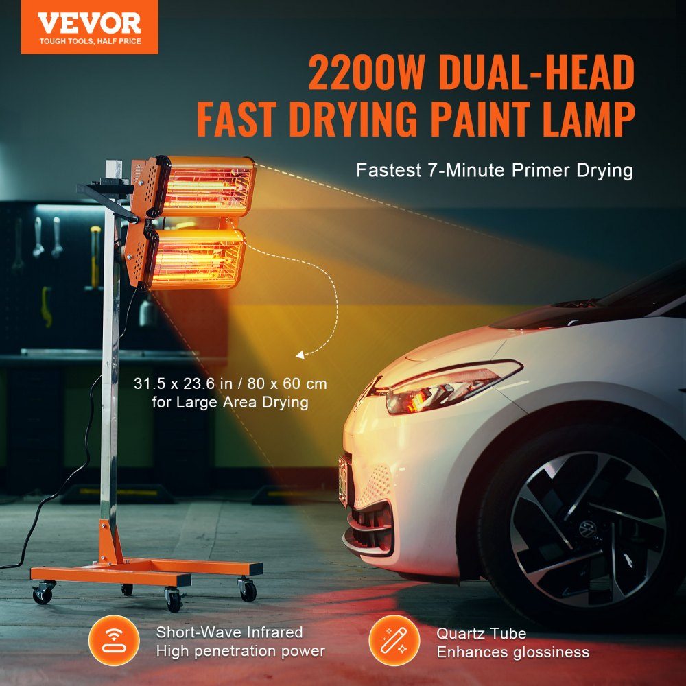 Infrared curing lamp, 2200W, 1-60 min time setting, automatic curing lamp with automatic heater and holder, 47.6 m² baking area, spray booth heaters, paint dryer