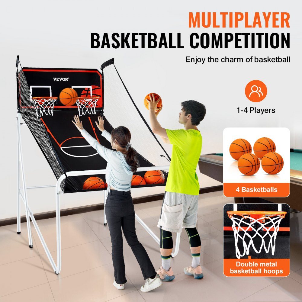 Jeu de basket-ball en salle de 2,05 m pour 2 joueurs, machine de basket-ball, support de ballon de basket-ball avec 4 balles, 8 modes de jeu et 2 cerceaux de basket-ball, tableau de bord et pompe de gonflage, pour enfants et adultes