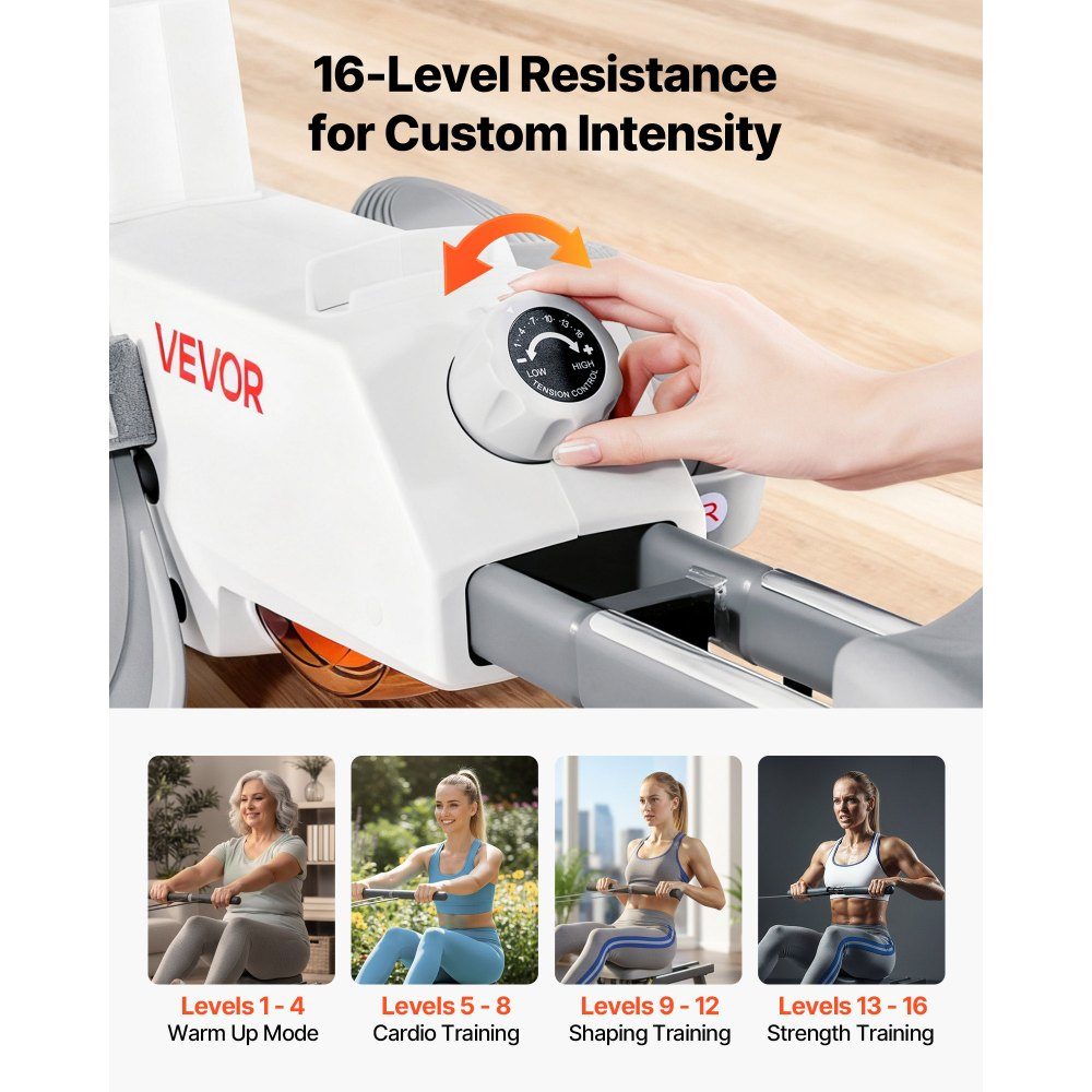 Leises Magnet-Rudergerät, 16 Widerstandsstufen einstellbar, klappbares Rudergerät für zu Hause mit Doppelgleitschienen & LCD-Monitor, Bluetooth-App-kompatibel, 158 kg Tragkraft