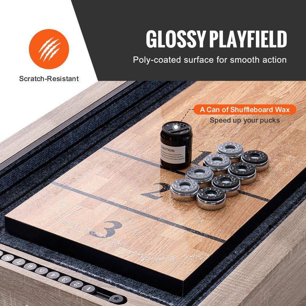 Shuffleboard Table, 9ft Shuffleboard with LED Lights for Family Game Room, 2 in 1 Shuffleboard and Bowling Combo Game Set, with Anti-Scratch Board, Legs, 8 Pucks, Bowling Set, Wax, Brush